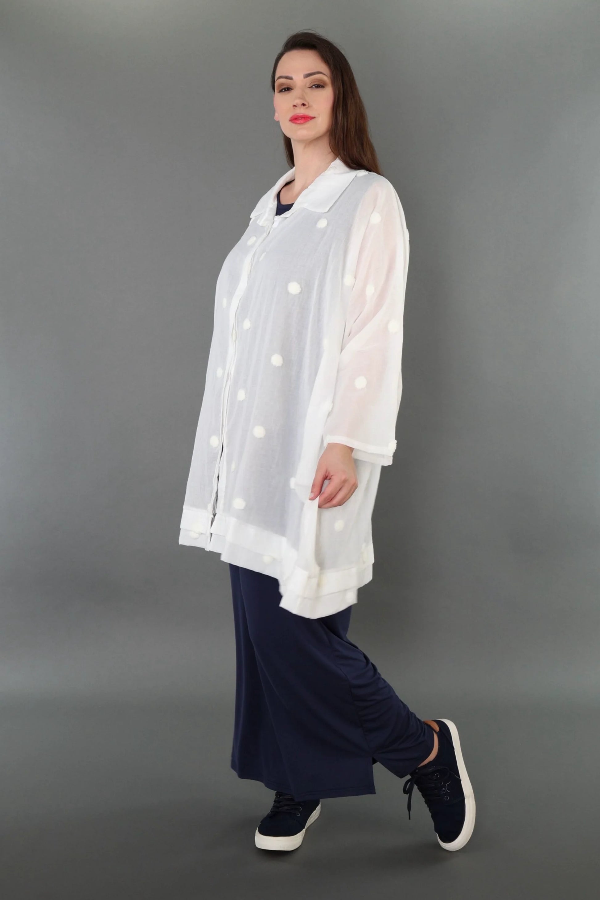  A-Form Bluse von AKH Premium aus Baumwolle, P1005.7110, Weiß, Punkte, Ausgefallen, Zeitlos