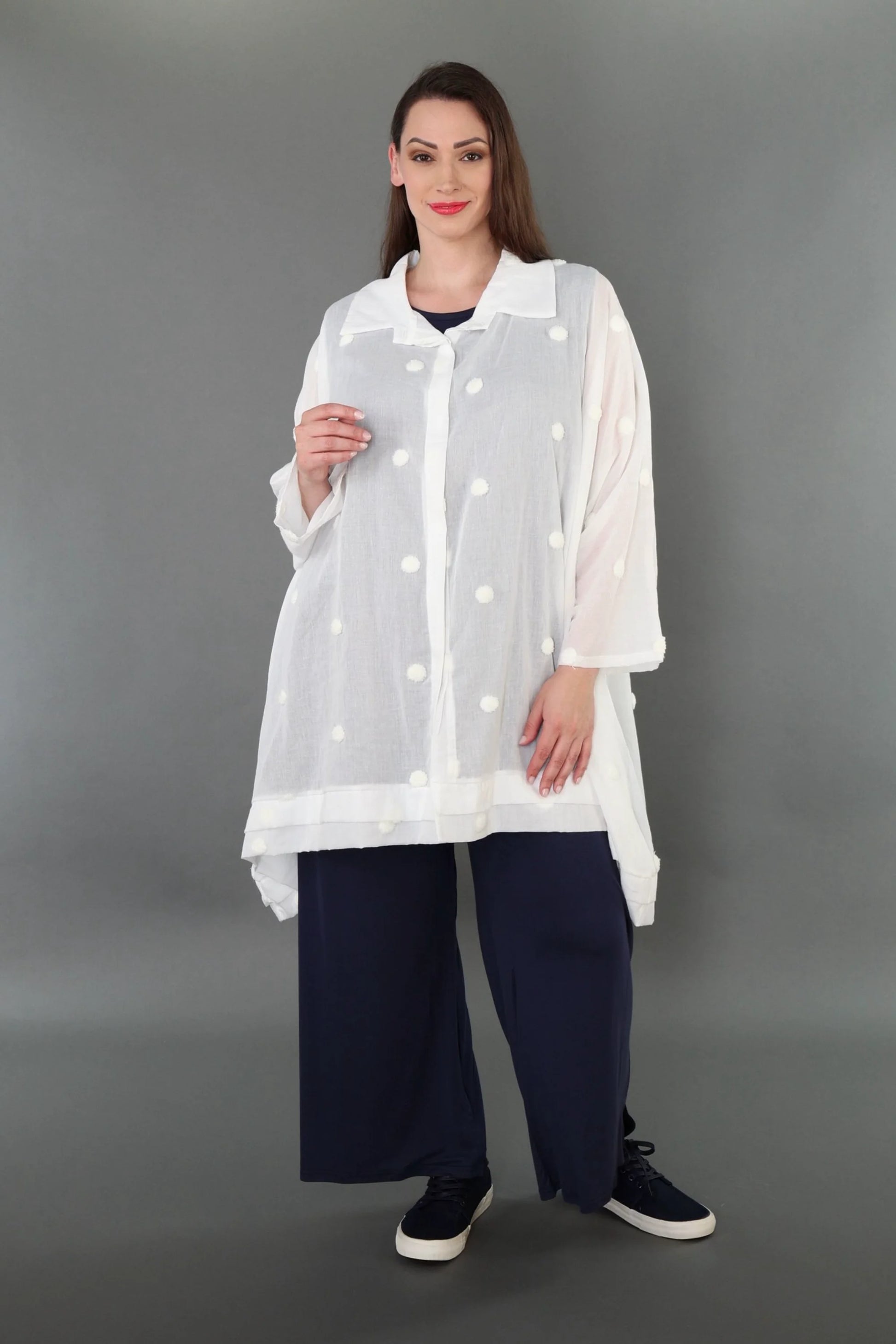  A-Form Bluse von AKH Premium aus Baumwolle, P1005.7110, Weiß, Punkte, Ausgefallen, Zeitlos
