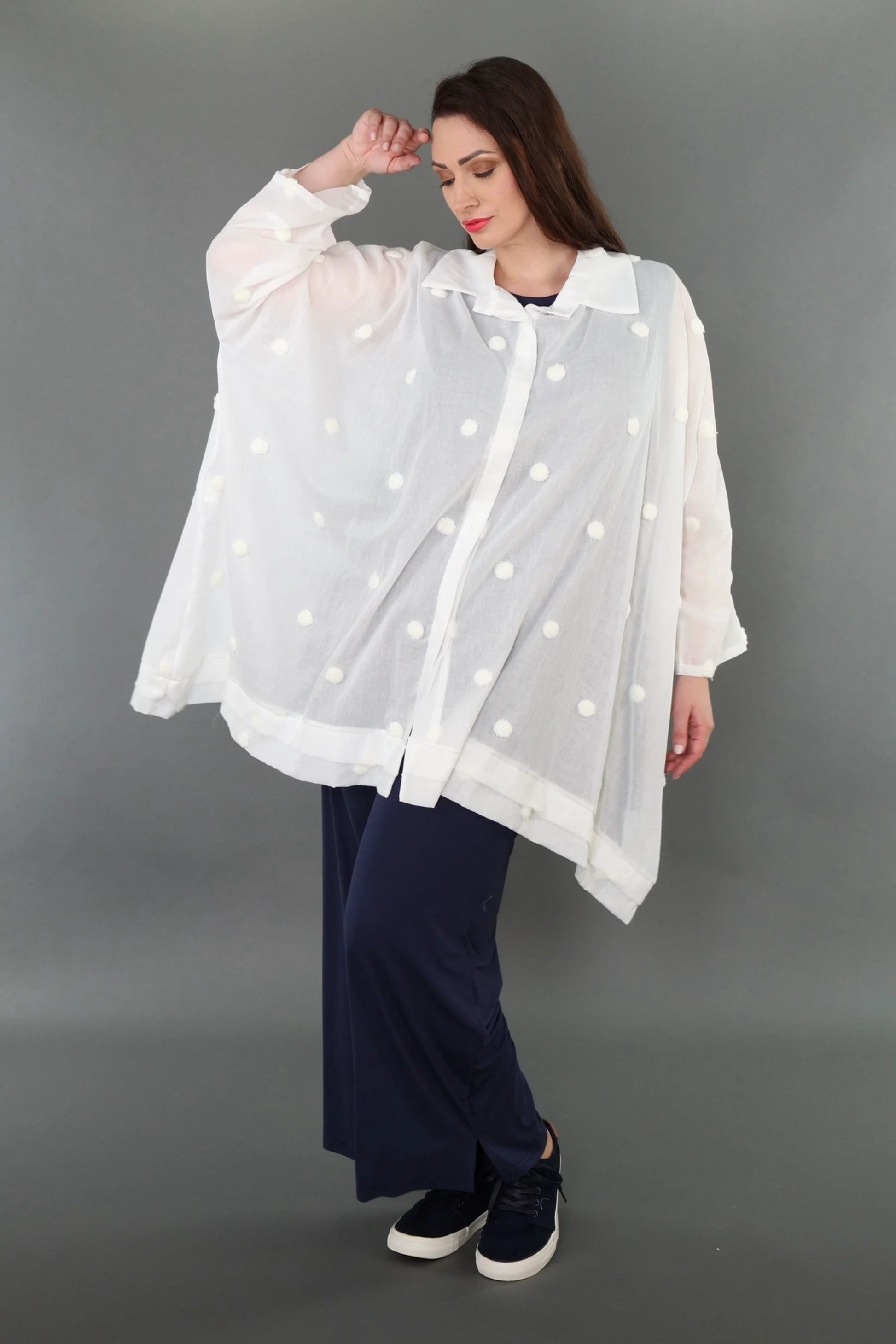  A-Form Bluse von AKH Premium aus Baumwolle, P1005.7110, Weiß, Punkte, Ausgefallen, Zeitlos