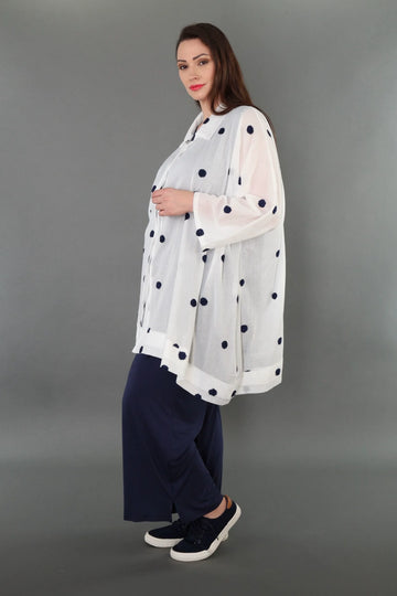  A-Form Bluse von AKH Premium aus Baumwolle, P1005.7110, Weiß/Dunkelblau, Punkte, Schick
