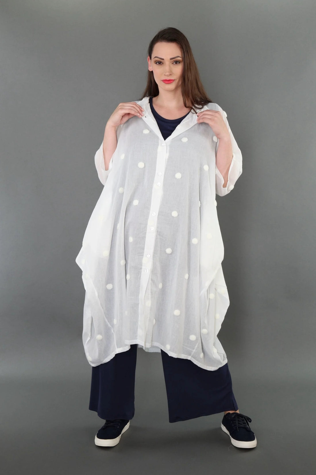  Ballon Bluse von AKH Premium aus Baumwolle, P1005.7117, Weiß, Punkte, Ausgefallen, Zeitlos