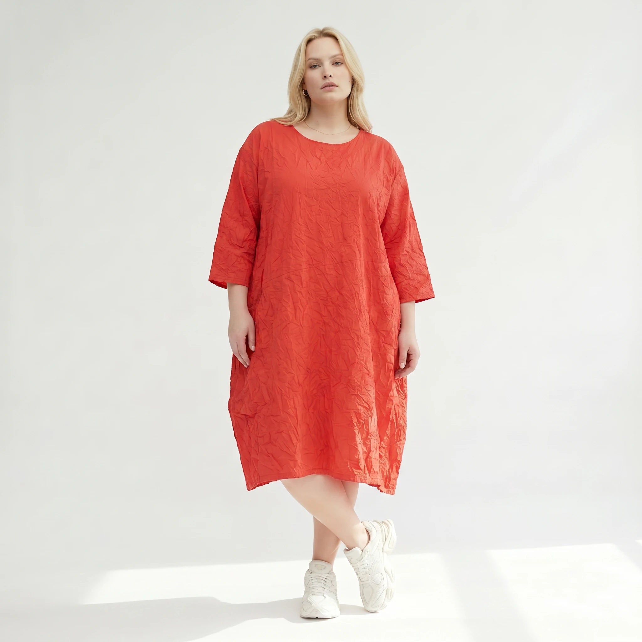 Sinnliches Oversize Ballon Kleid im luftigen Lagenlook aus leichter Crash Popeline, lässig, Rot