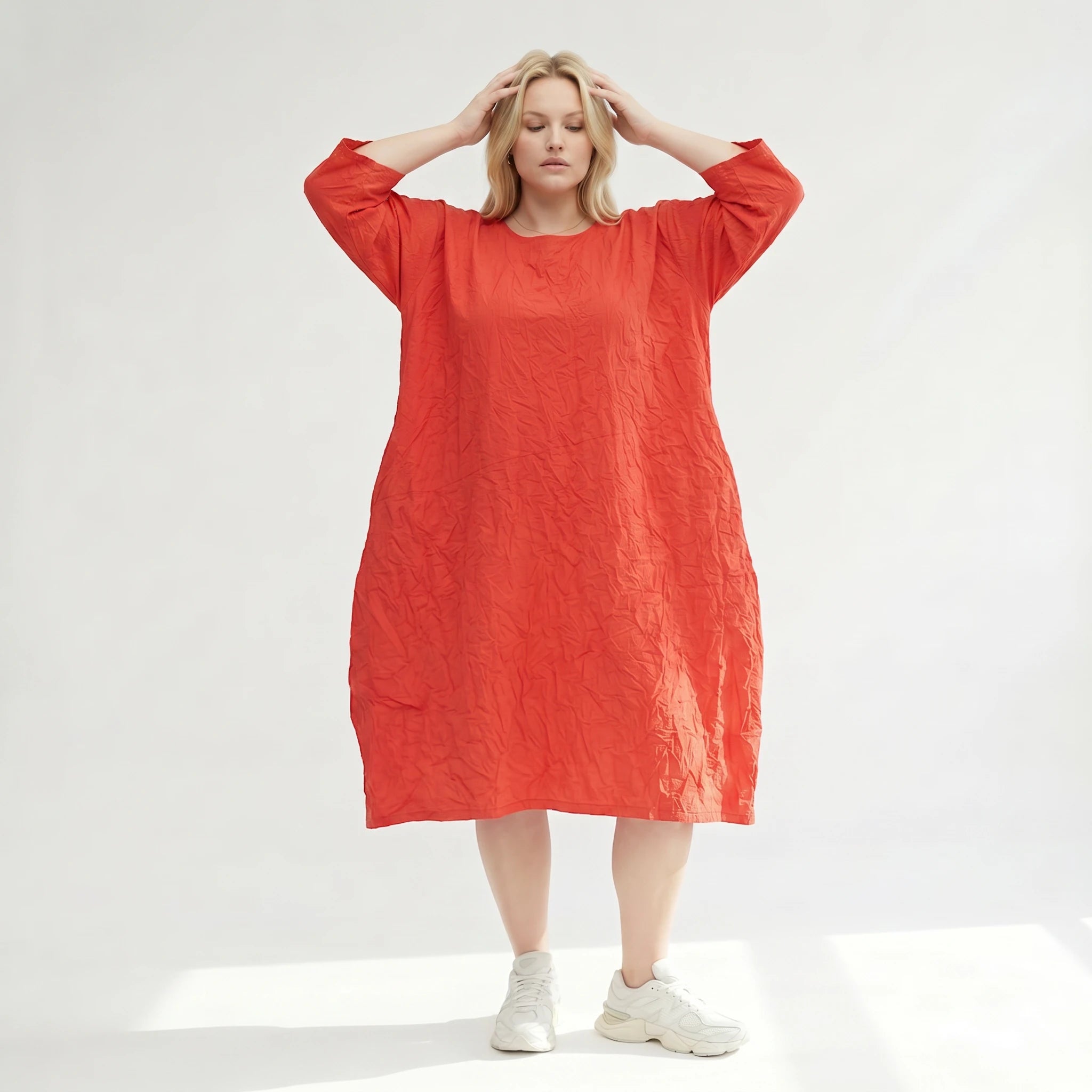 Sinnliches Oversize Ballon Kleid im luftigen Lagenlook aus leichter Crash Popeline, lässig, Rot