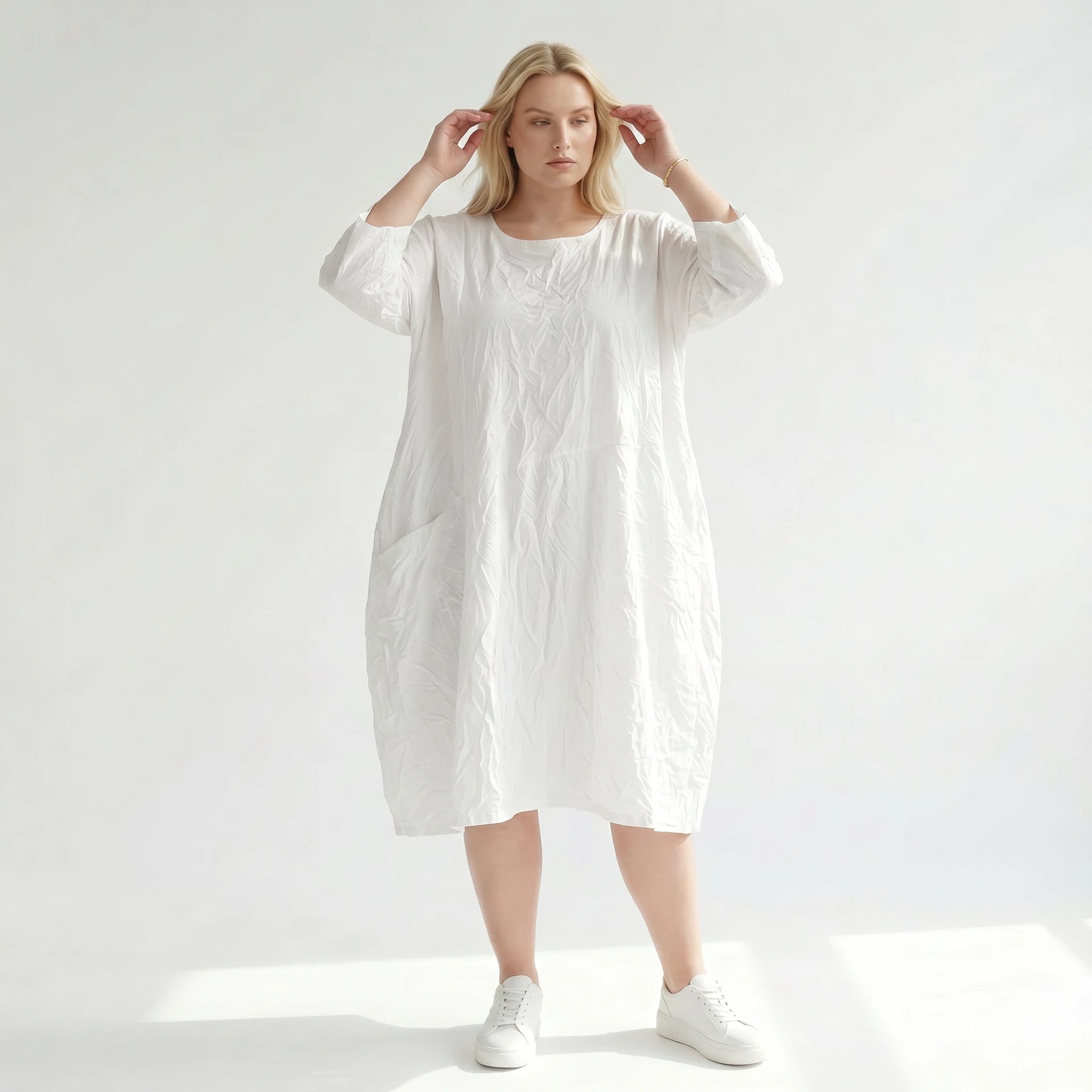 Ausgefallenes Ballonkleid im luftigen Crash Lagenlook aus pflegeleichter Popeline mit Taschen, Weiß