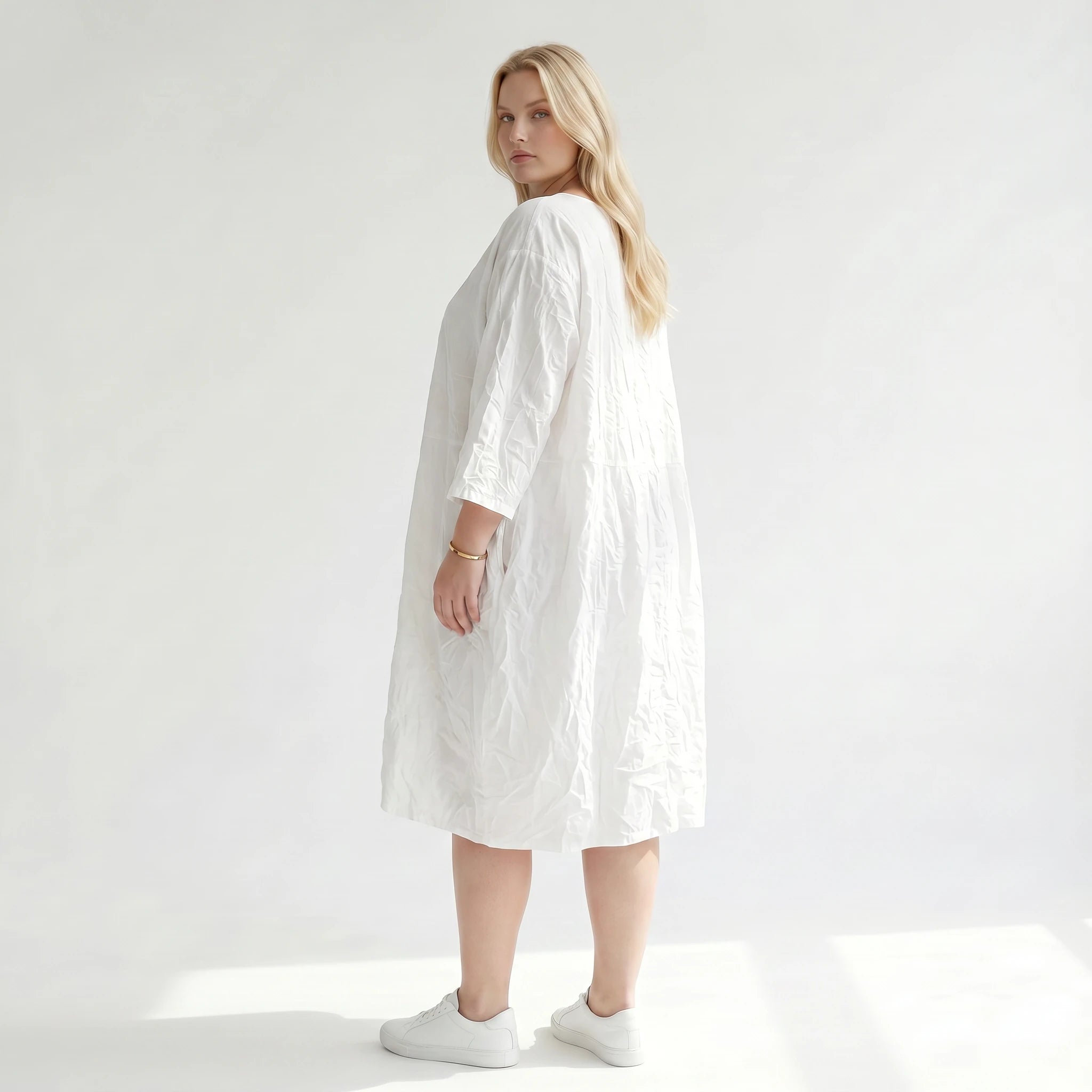 Ausgefallenes Ballonkleid im luftigen Crash Lagenlook aus pflegeleichter Popeline mit Taschen, Weiß