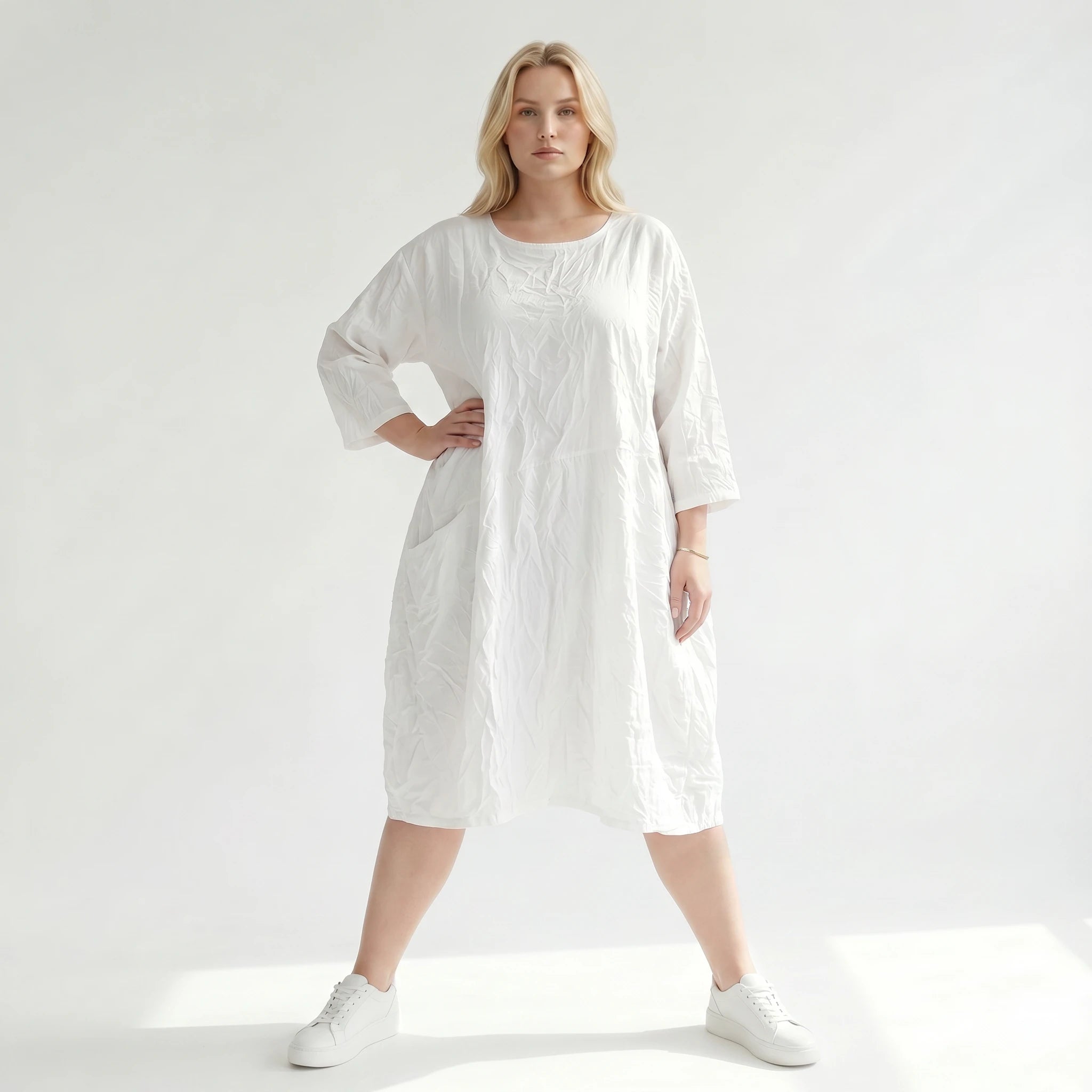 Ausgefallenes Ballonkleid im luftigen Crash Lagenlook aus pflegeleichter Popeline mit Taschen, Weiß