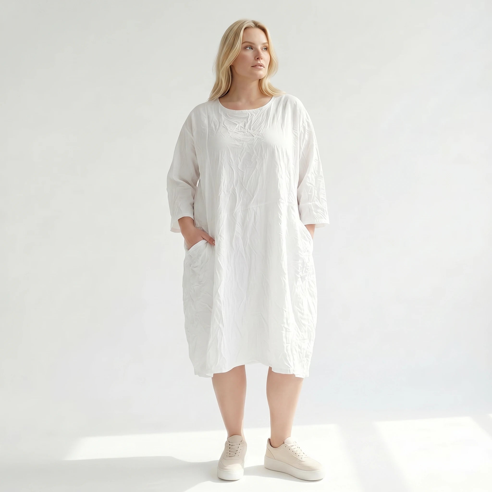 Ausgefallenes Ballonkleid im luftigen Crash Lagenlook aus pflegeleichter Popeline mit Taschen, Weiß