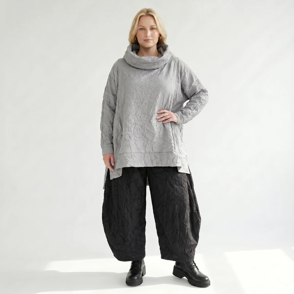 Oversize Lagenlook Shirt mit Rollkragen und Kapuze in luftig leichter Crash Popeline, Grau