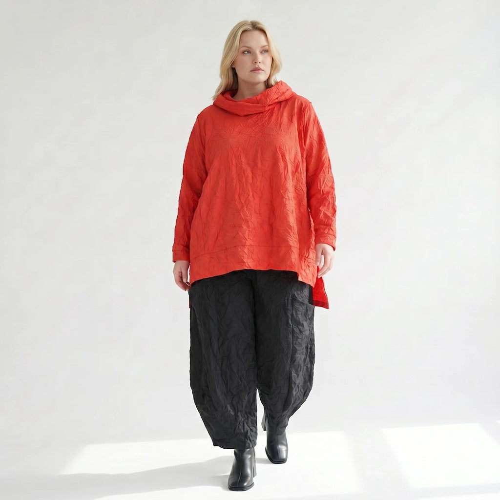 Oversize Lagenlook Shirt mit luftigem Crash-Effekt, geradem Schnitt und Rollkragen, Rot