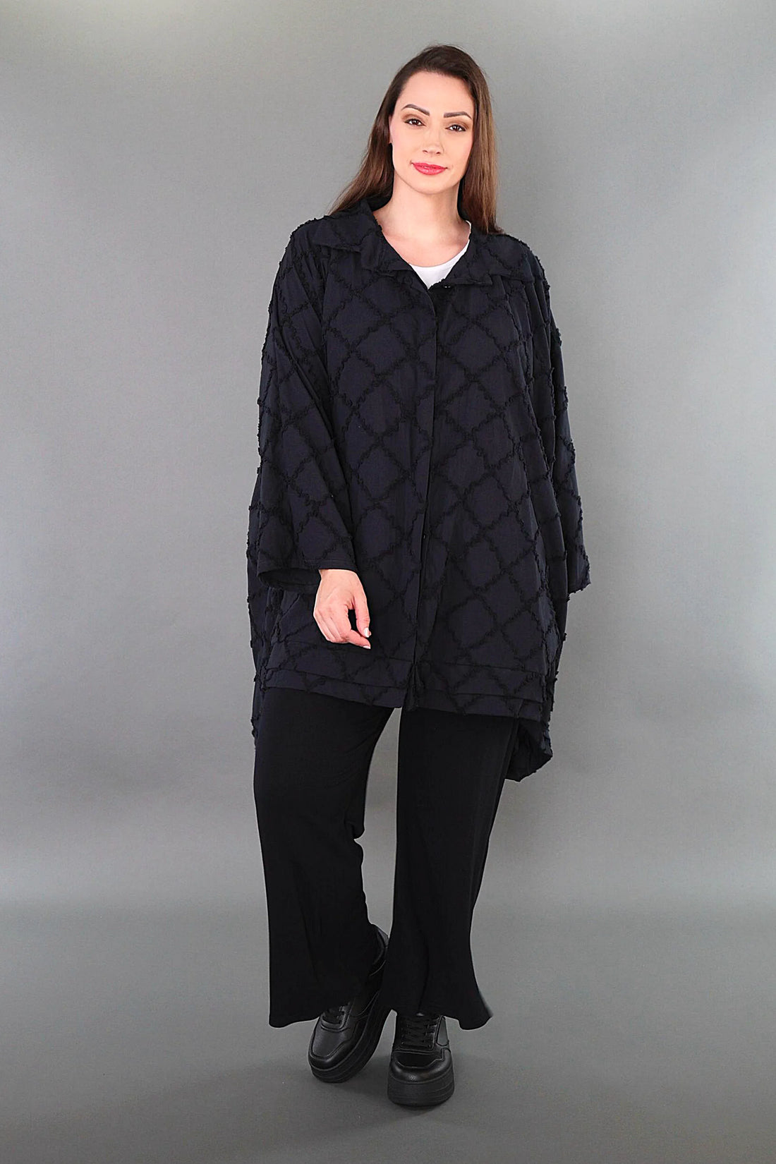  A-Form Bluse von AKH Premium aus Baumwolle, P1004.7110, Schwarz, Raute, Ausgefallen