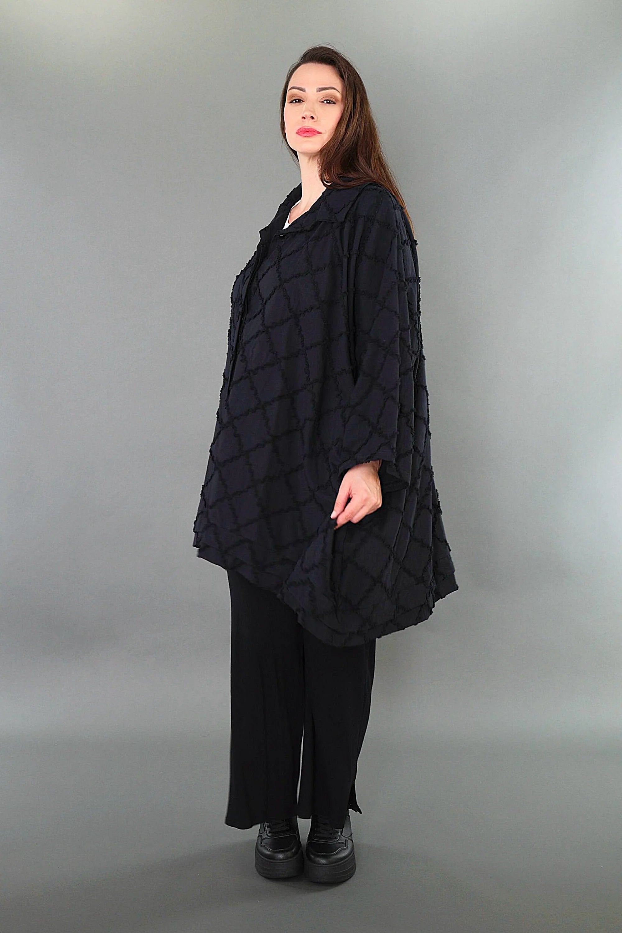  A-Form Bluse von AKH Premium aus Baumwolle, P1004.7110, Schwarz, Raute, Ausgefallen
