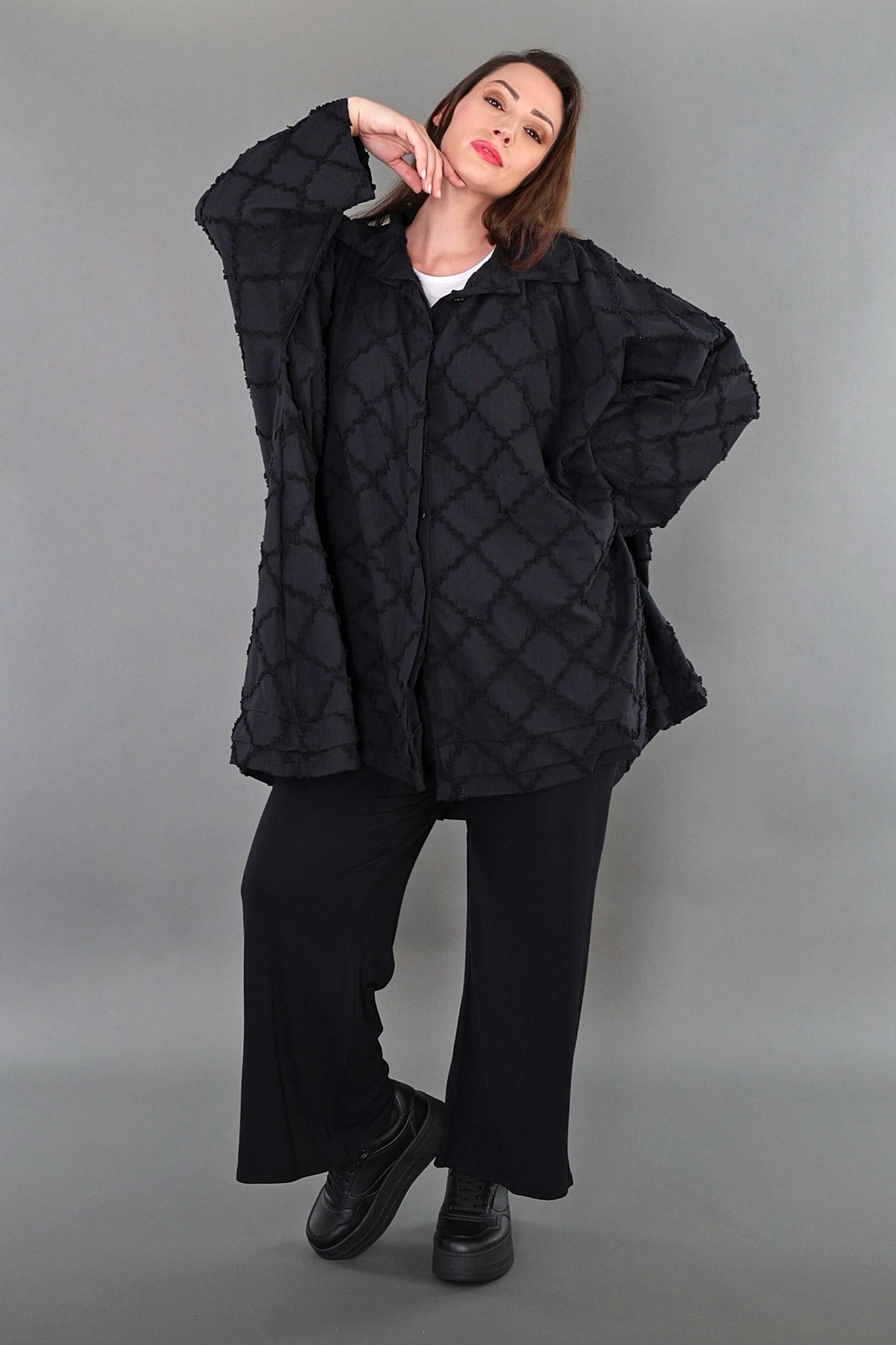  A-Form Bluse von AKH Premium aus Baumwolle, P1004.7110, Schwarz, Raute, Ausgefallen