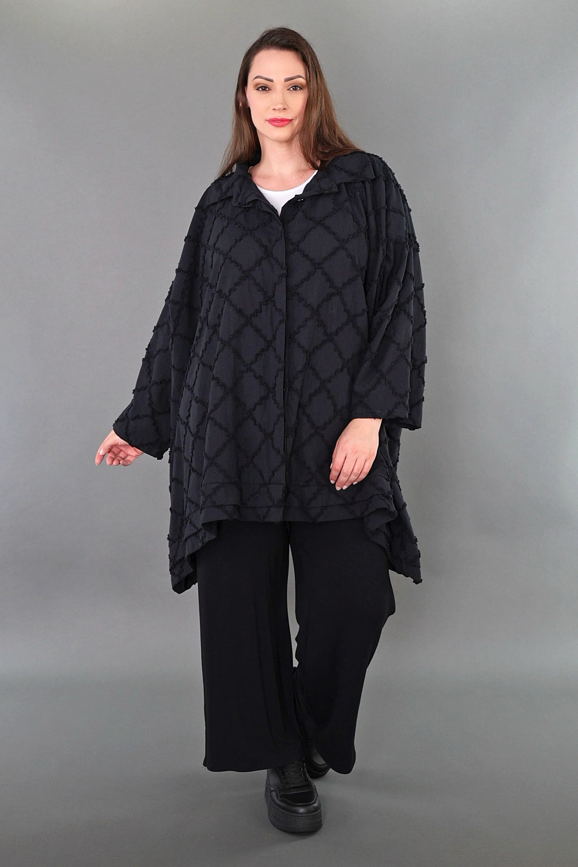  A-Form Bluse von AKH Premium aus Baumwolle, P1004.7110, Schwarz, Raute, Ausgefallen