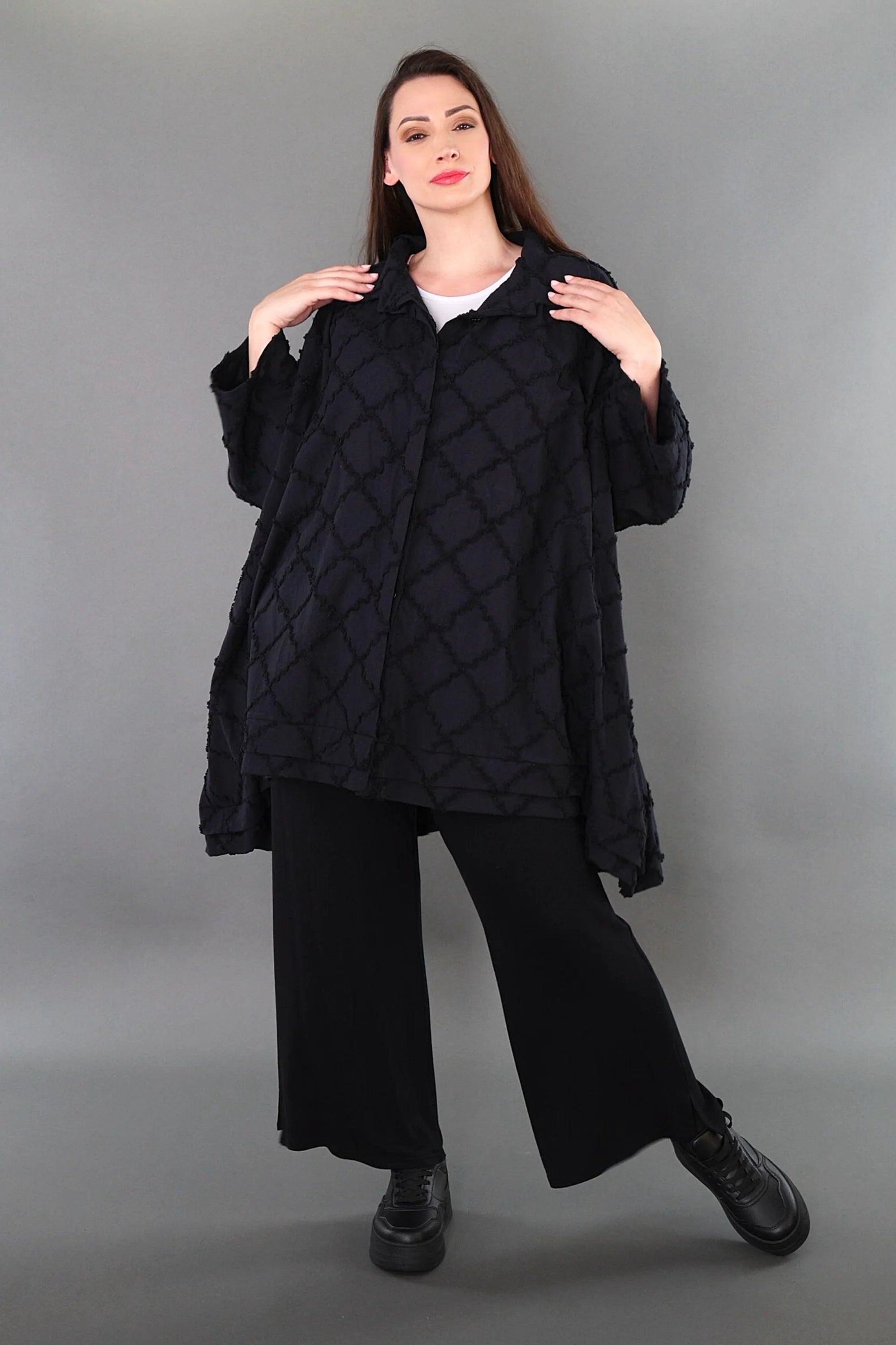  A-Form Bluse von AKH Premium aus Baumwolle, P1004.7110, Schwarz, Raute, Ausgefallen