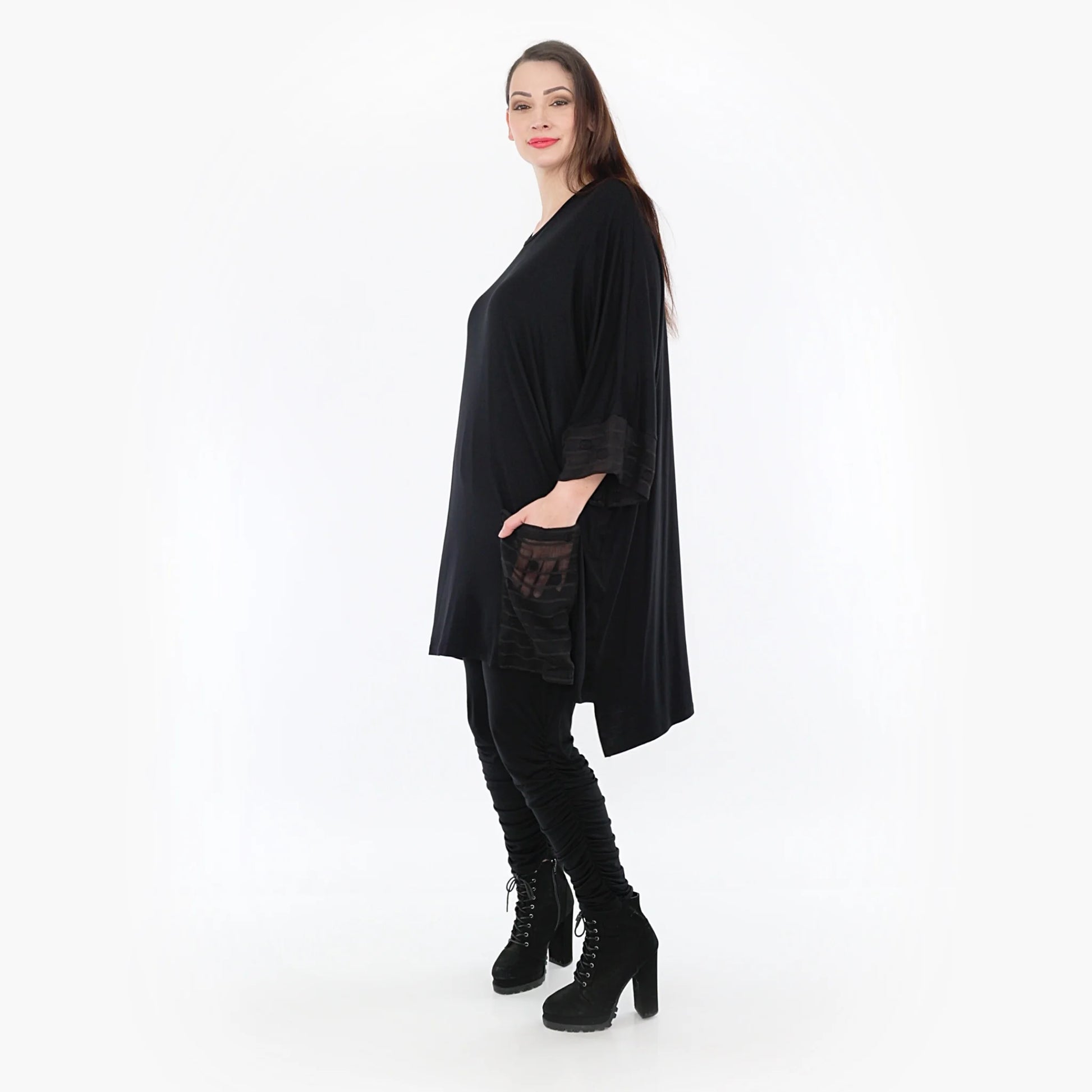  Bigshirt von AKH Fashion aus Materialmix in kastiger Form, 1316.06925, Schwarz, Ausgefallen