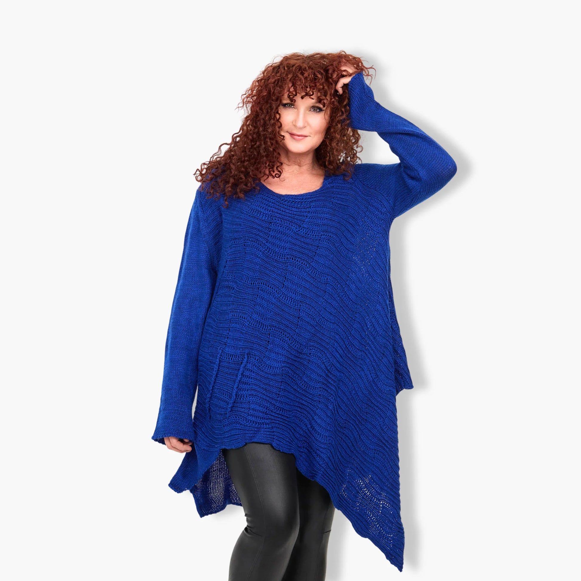  Stilvoller Oversize Pullover aus Kobaltblauem Viskose-Mix für Plus Size mit Rundhals und langen Ärmeln