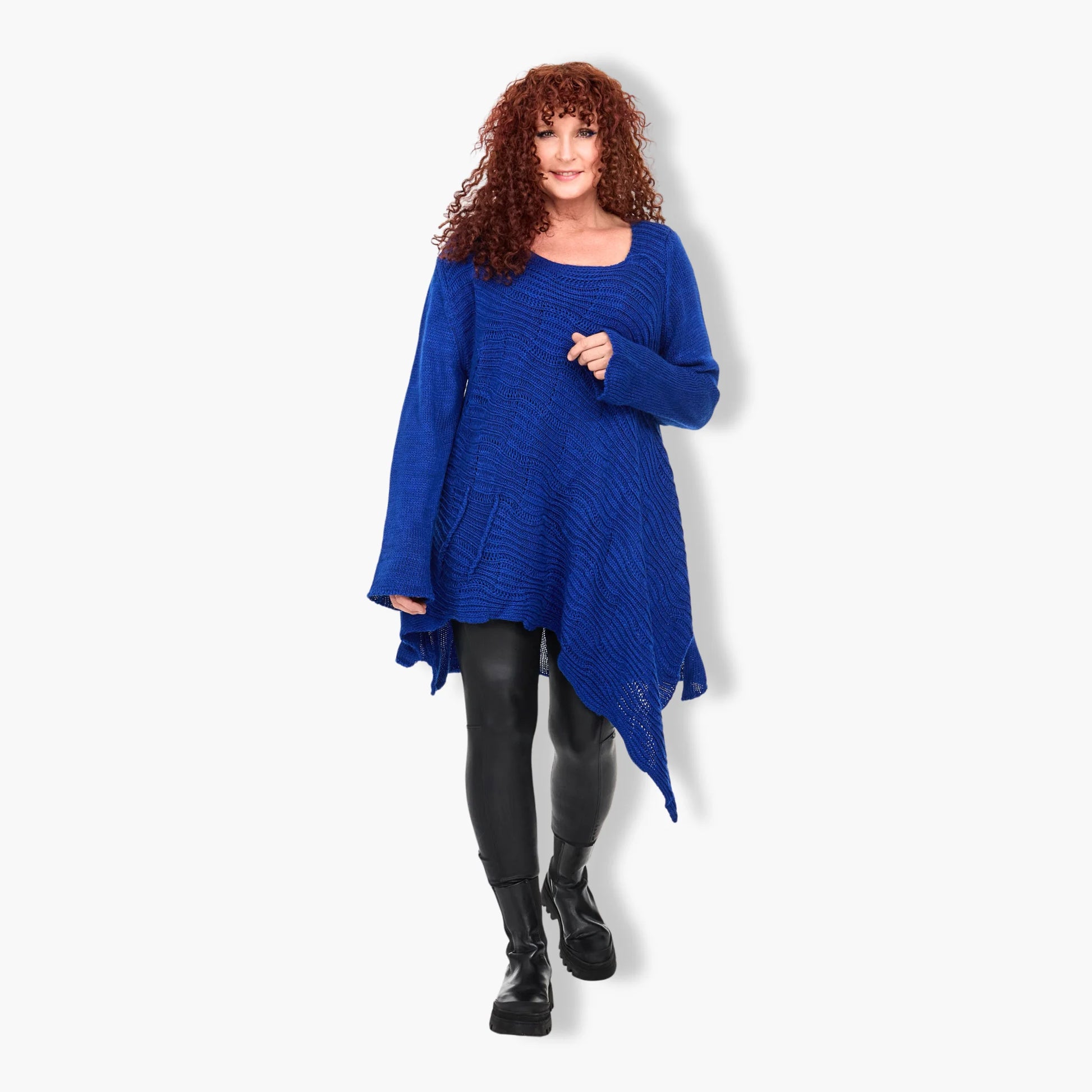  Stilvoller Oversize Pullover aus Kobaltblauem Viskose-Mix für Plus Size mit Rundhals und langen Ärmeln