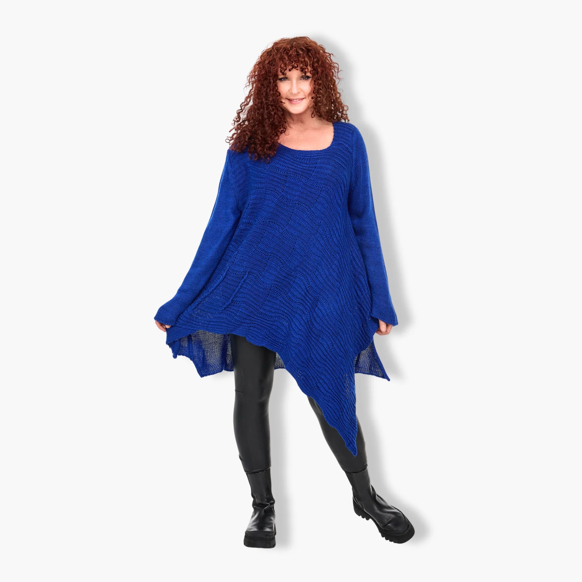  Stilvoller Oversize Pullover aus Kobaltblauem Viskose-Mix für Plus Size mit Rundhals und langen Ärmeln