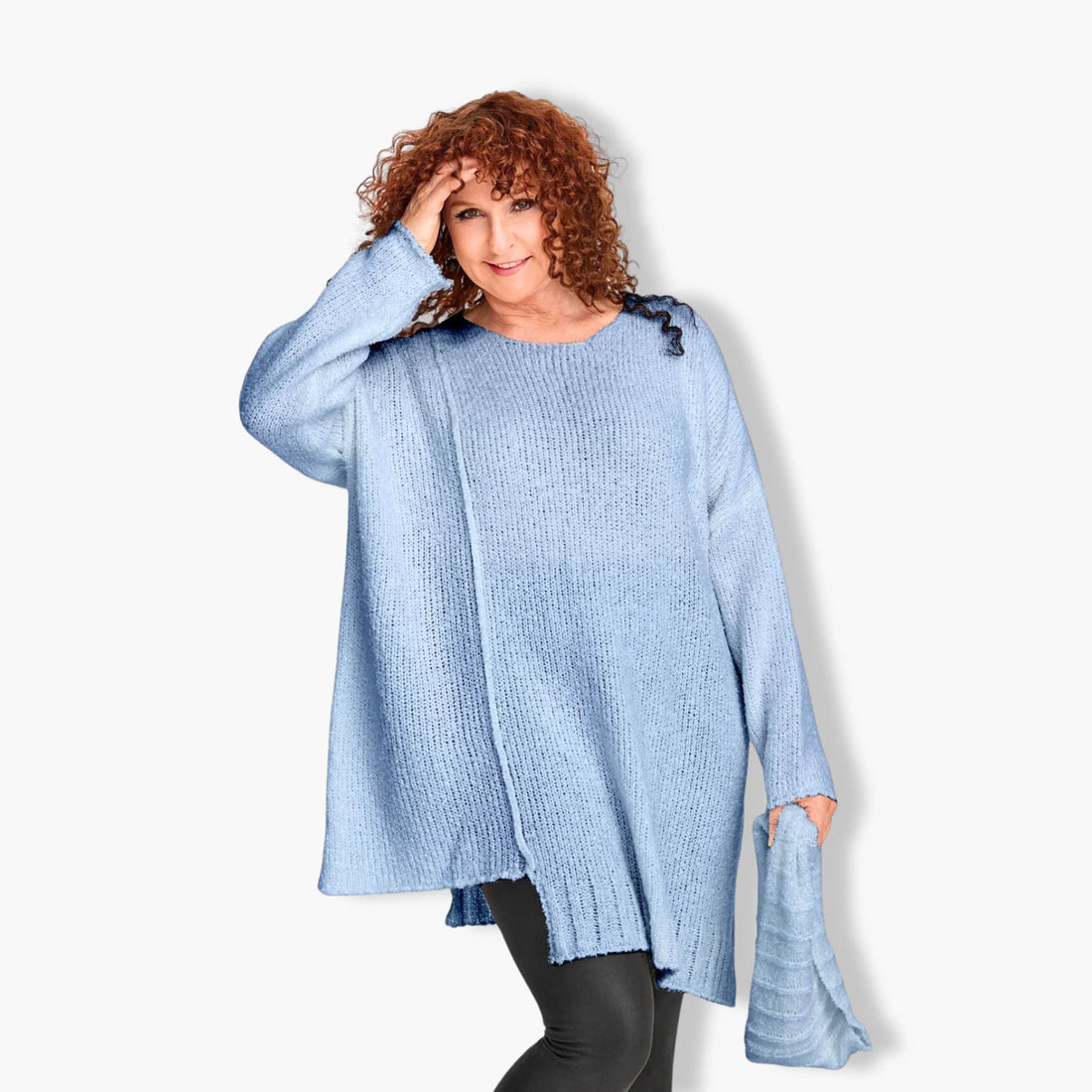  Stylischer A-Form Pullover in Blau aus weichem Bouclé für lässige Plus Size Looks, mit Schal