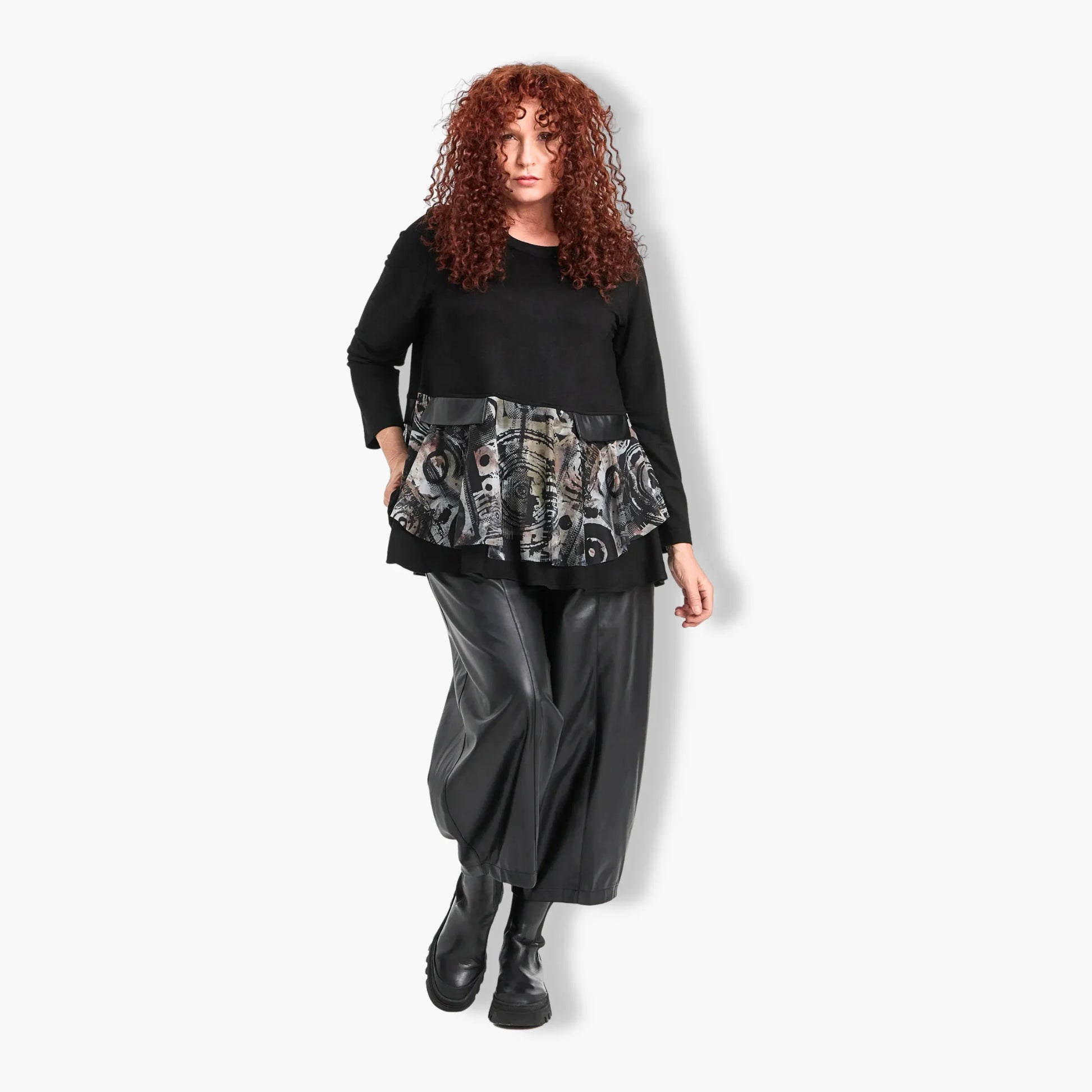  Stylisches A-Form Shirt in Schwarz mit langem Arm aus weicher Viskose für Plus Size Mode