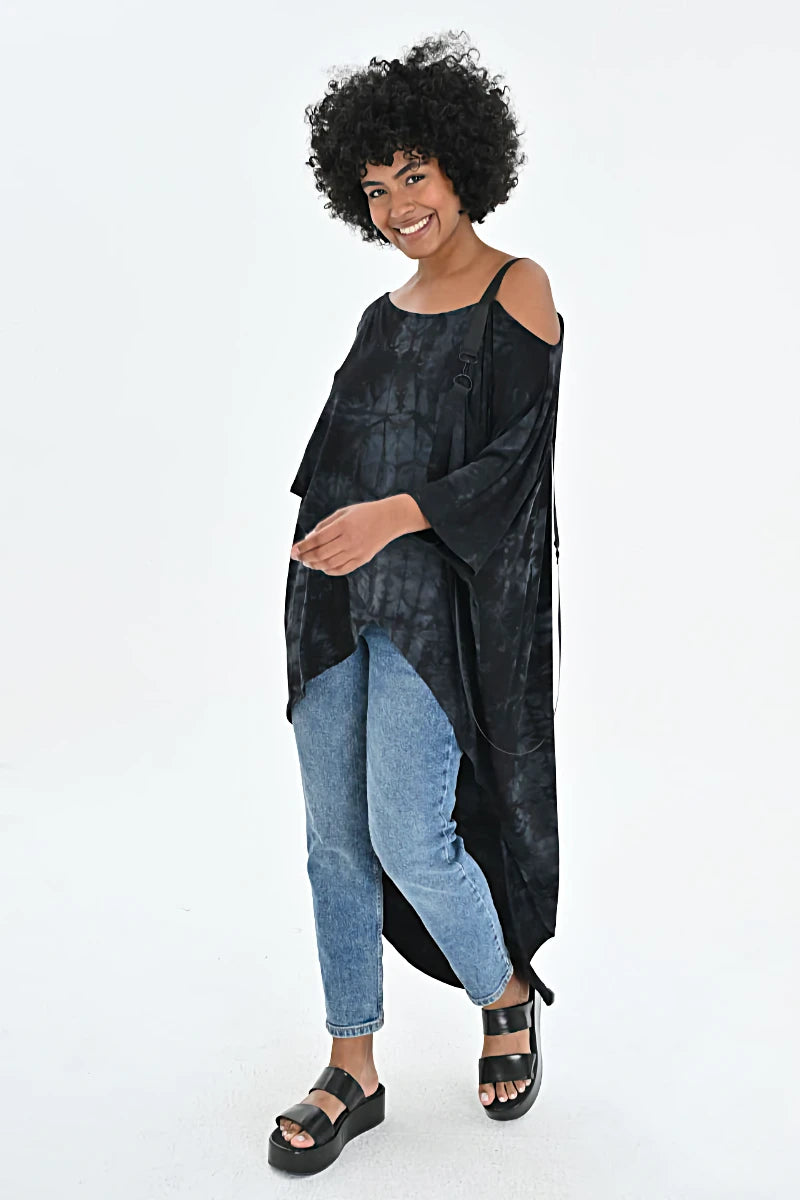  Just Angels Bluse in asymmetrischer Form, aus Viskose, 1058, Schwarz/Weiß, Batik, Schick