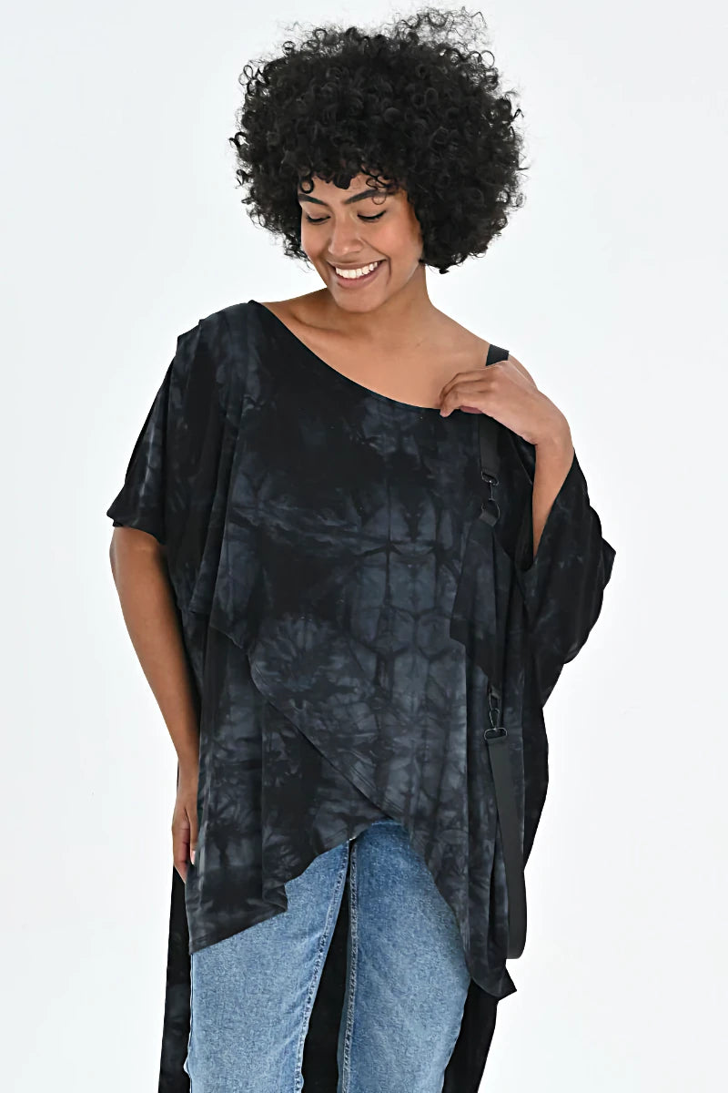  Just Angels Bluse in asymmetrischer Form, aus Viskose, 1058, Schwarz/Weiß, Batik, Schick