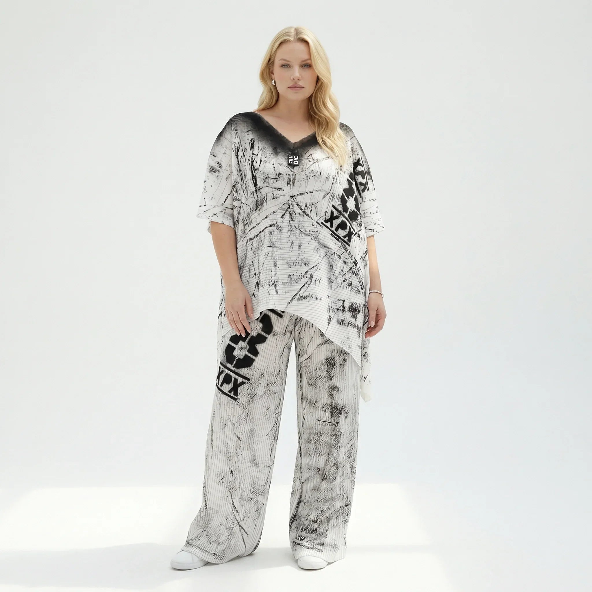 Damen 2-Teiler von B-ONE aus Jersey in Schwarz-Weiß – Shirt & Hose mit Print, luftig, EU 38 bis 48, Übergangslook, Oversize-Stil