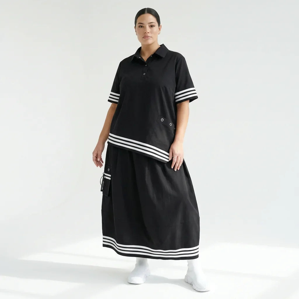 Damen Set Shirt & Rock von KRIK in Schwarz mit Streifen & Taschen – Popeline – EU 42 bis 50 – Avantgarde Style