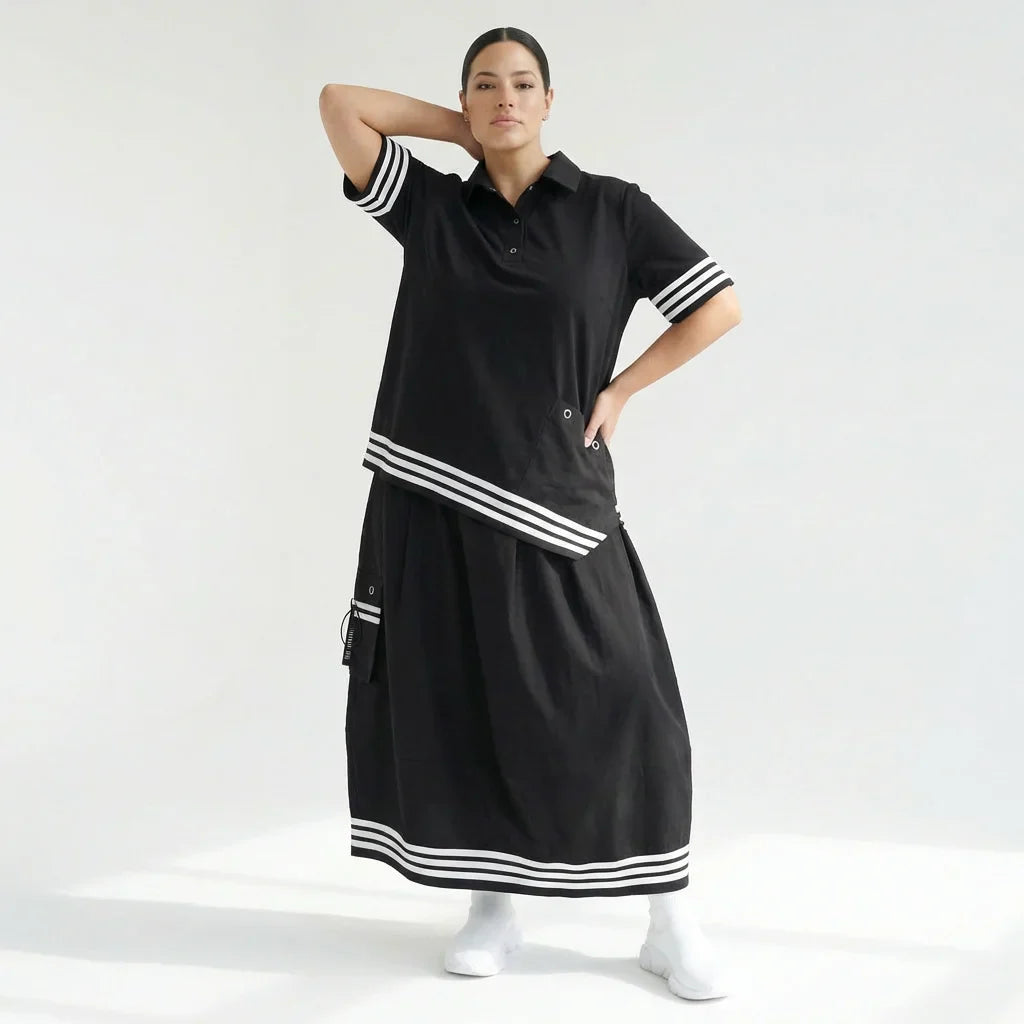Damen Set Shirt & Rock von KRIK in Schwarz mit Streifen & Taschen – Popeline – EU 42 bis 50 – Avantgarde Style