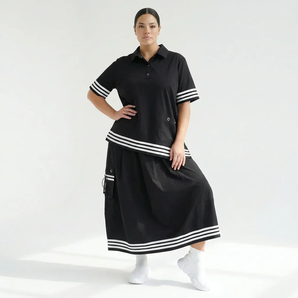 Damen Set Shirt & Rock von KRIK in Schwarz mit Streifen & Taschen – Popeline – EU 42 bis 50 – Avantgarde Style