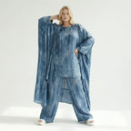 3-Teiler Damen Set B-ONE Blau Oversize Cardigan Shirt Hose Baumwolle Jersey Made in Türkei – EU 40/50 – Lagenlook