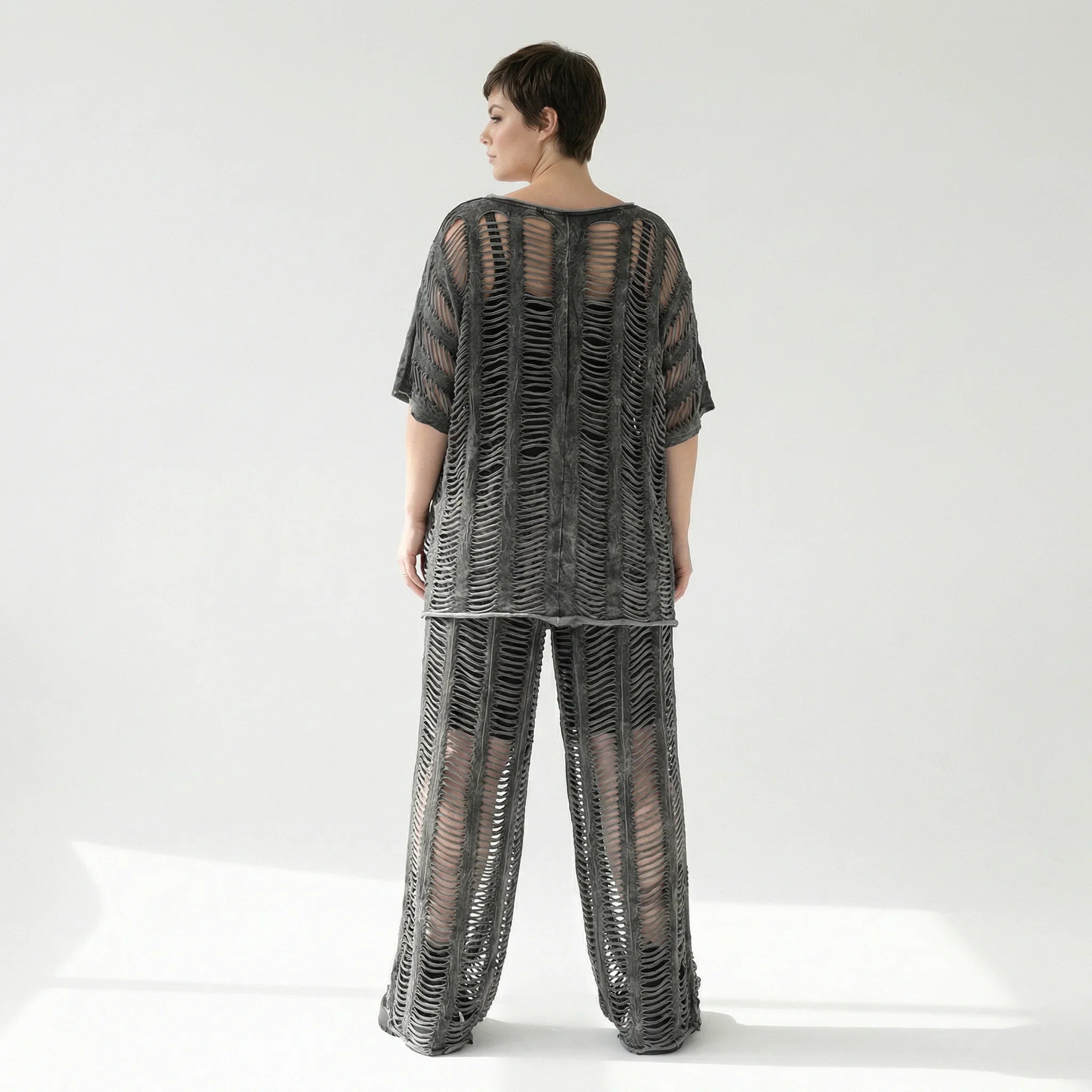 B-ONE Damen 3-Teiler Top, Shirt & Hose in Grau Cut-Out-Look, Baumwolle, Oversize, EU 40/50