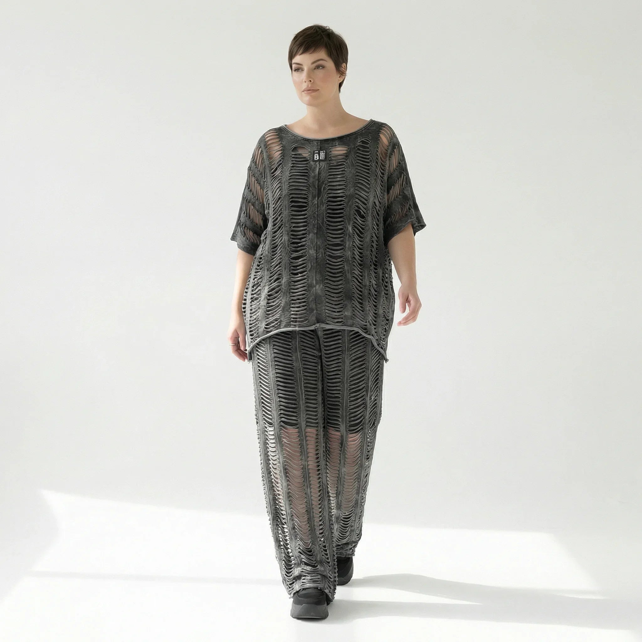 B-ONE Damen 3-Teiler Top, Shirt & Hose in Grau Cut-Out-Look, Baumwolle, Oversize, EU 40/50