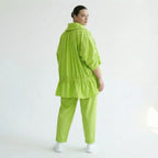 Cadrelli Damen Zweiteiler Neon-Limette – Jacke & Hose aus Viskose, EU 38/48, Oversize, Lagenlook, Made in Turkey