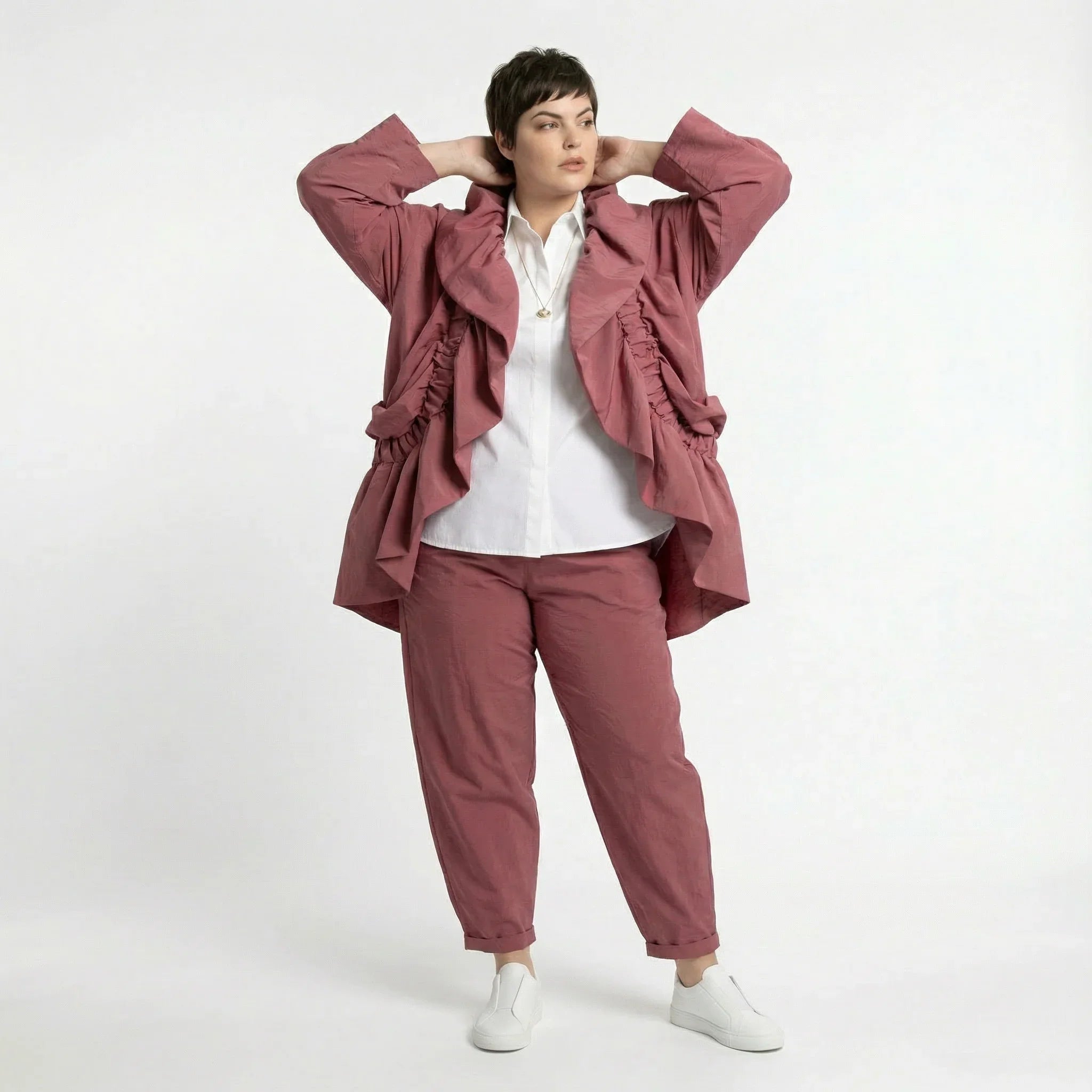 Cadrelli Damen Zweiteiler Rosébraun – Oversize Jacke & Hose, Viskose, Made in Turkey, EU 38/48, Lagenlook, Avantgarde-Outfit