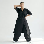 Cadrelli Damen Jumpsuit Schwarz Oversize Crash Twill Viskose Lycra Übergang EU 40 bis 48 – luftiger Avantgarde Einteiler