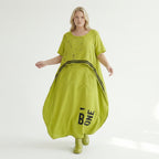 Avantgarde Kleid Damen B-ONE Neon Chartreuse Schwarz Print Baumwolle Oversized EU 40 bis 50 Maxikleid Statement