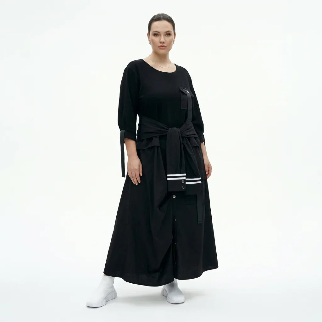 Schwarzes Damen Kleid in Oversize mit Utility-Taschen und Bindegürtel – Übergangslook EU 40 bis 46, leicht & stilvoll, Popeline Crash