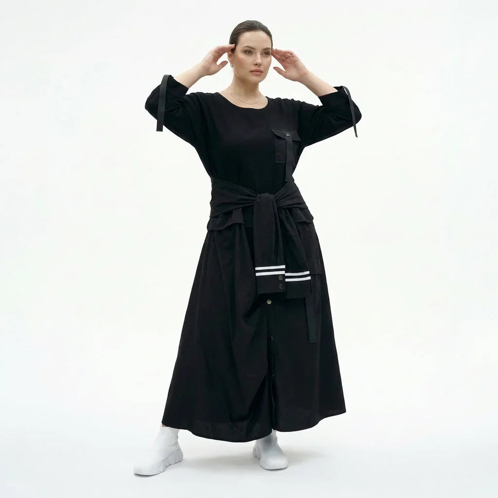 Schwarzes Damen Kleid in Oversize mit Utility-Taschen und Bindegürtel – Übergangslook EU 40 bis 46, leicht & stilvoll, Popeline Crash