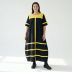 Cadrelli Damen Maxikleid schwarz gelb, Avantgarde Oversize Kleid aus Viskose-Lycra, EU 42 bis 54