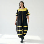 Cadrelli Damen Maxikleid schwarz gelb, Avantgarde Oversize Kleid aus Viskose-Lycra, EU 42 bis 54