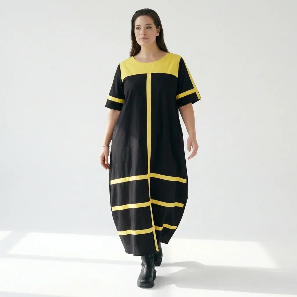 Cadrelli Damen Maxikleid schwarz gelb, Avantgarde Oversize Kleid aus Viskose-Lycra, EU 42 bis 54