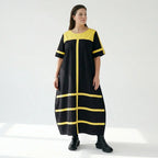 Cadrelli Damen Maxikleid schwarz gelb, Avantgarde Oversize Kleid aus Viskose-Lycra, EU 42 bis 54