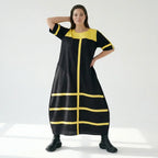 Cadrelli Damen Maxikleid schwarz gelb, Avantgarde Oversize Kleid aus Viskose-Lycra, EU 42 bis 54