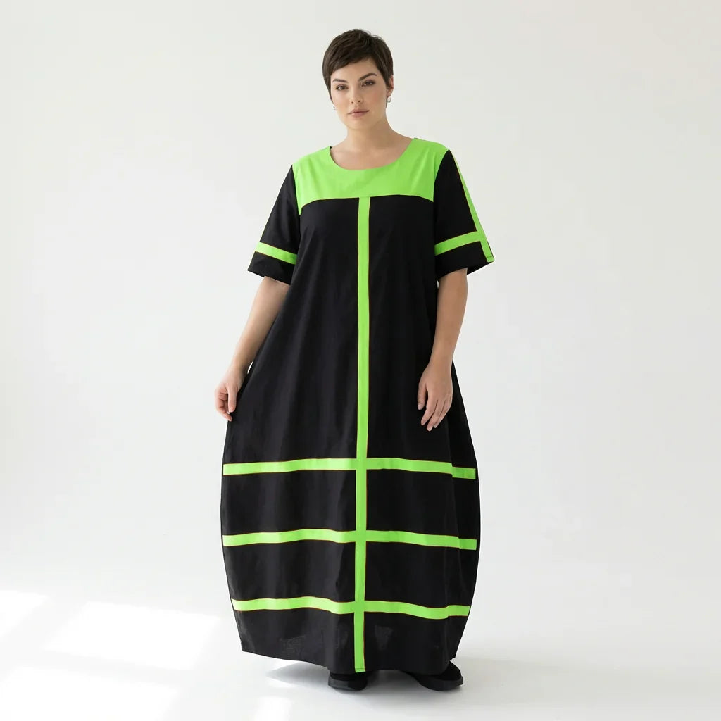 Cadrelli Damen Maxikleid schwarz neon-grün, Avantgarde Oversize Kleid aus Viskose-Lycra, EU 42 bis 54