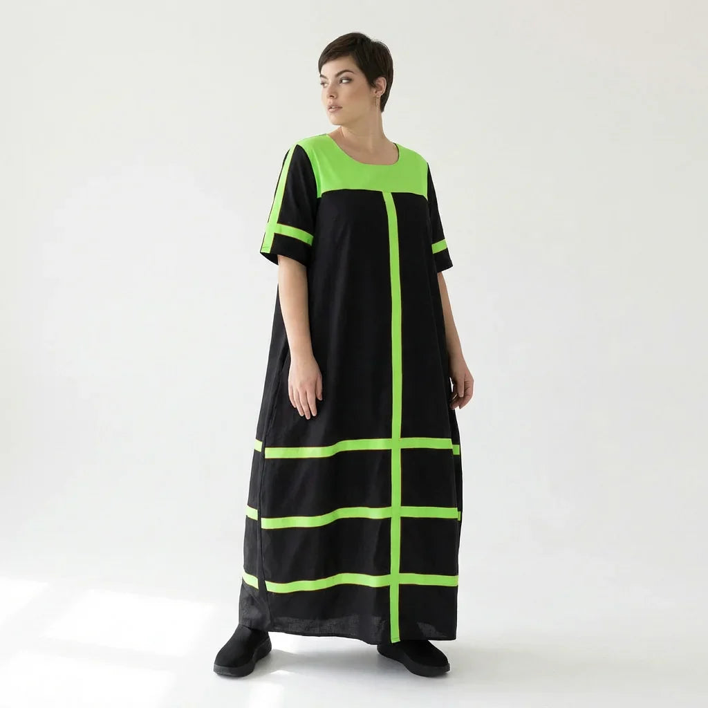 Cadrelli Damen Maxikleid schwarz neon-grün, Avantgarde Oversize Kleid aus Viskose-Lycra, EU 42 bis 54