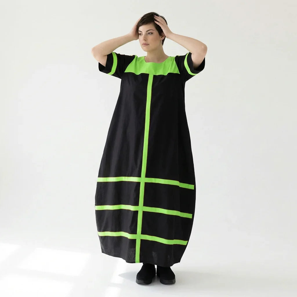 Cadrelli Damen Maxikleid schwarz neon-grün, Avantgarde Oversize Kleid aus Viskose-Lycra, EU 42 bis 54