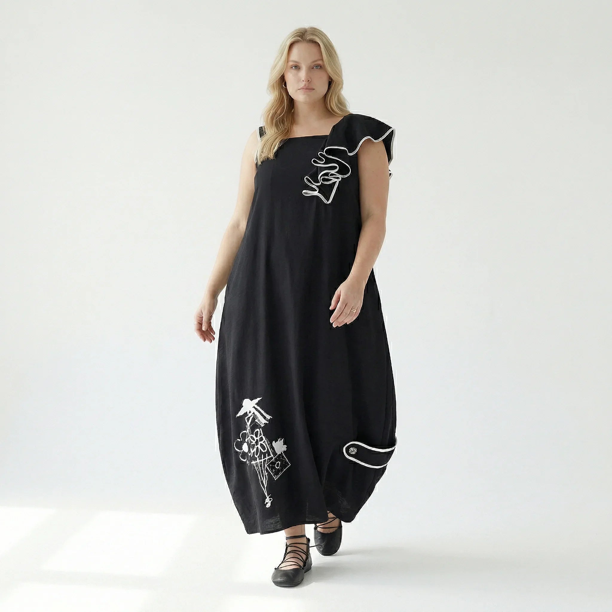 Damen Kleid schwarz LUANI Avantgarde Look mit Applikationen, Baumwollmix, EU 40 bis 48