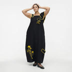 Damen Kleid schwarz-gelb LUANI Avantgarde Maxikleid aus Baumwolle, gelbe Details, EU 40 bis 48