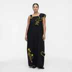 Damen Kleid schwarz-gelb LUANI Avantgarde Maxikleid aus Baumwolle, gelbe Details, EU 40 bis 48